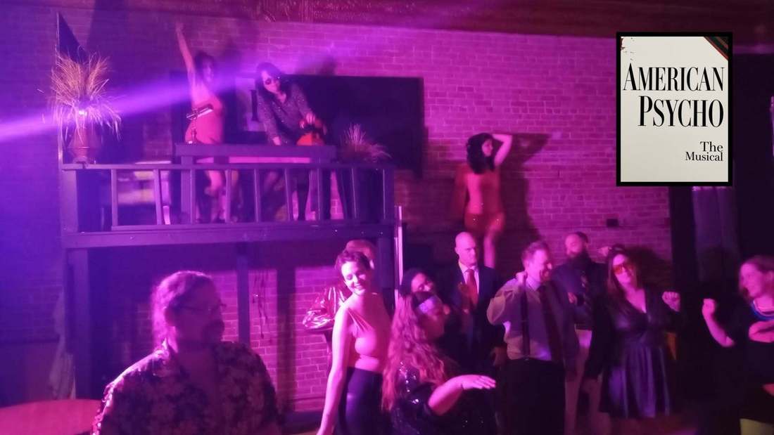 American Psycho ensemble members performing a nightclub sequence in purple light
