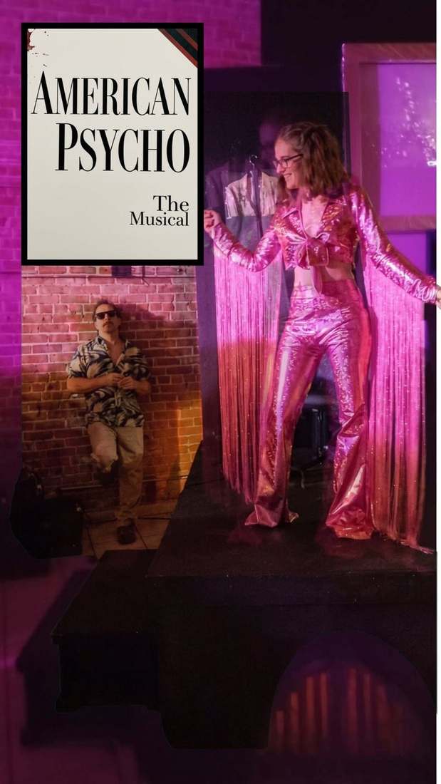 An American Psycho performer entering the stage in a sparkling pink costume