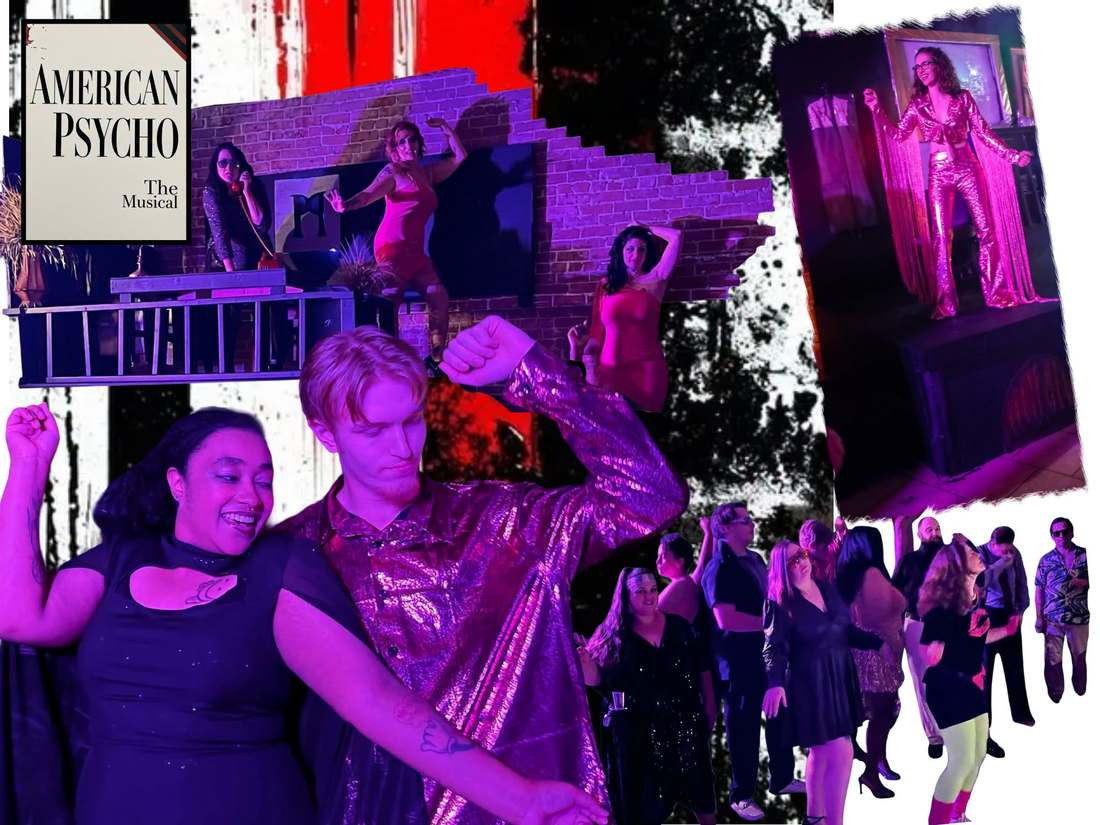 American Psycho cast members in a collage of production moments