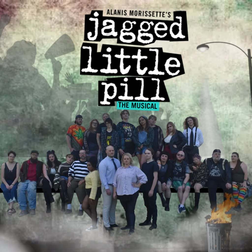 Jagged Little Pill cast promo composite featuring the full company and show artwork