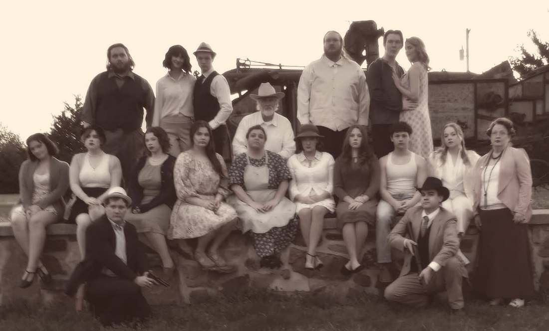 The full Bonnie & Clyde company posed on and around a stone wall (sepia)