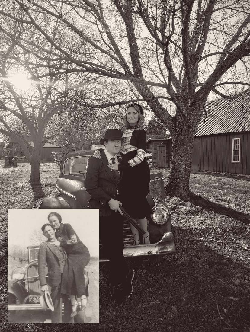 Bonnie and Clyde recreating their famous car portrait, with the original 1930s photo inset (sepia)