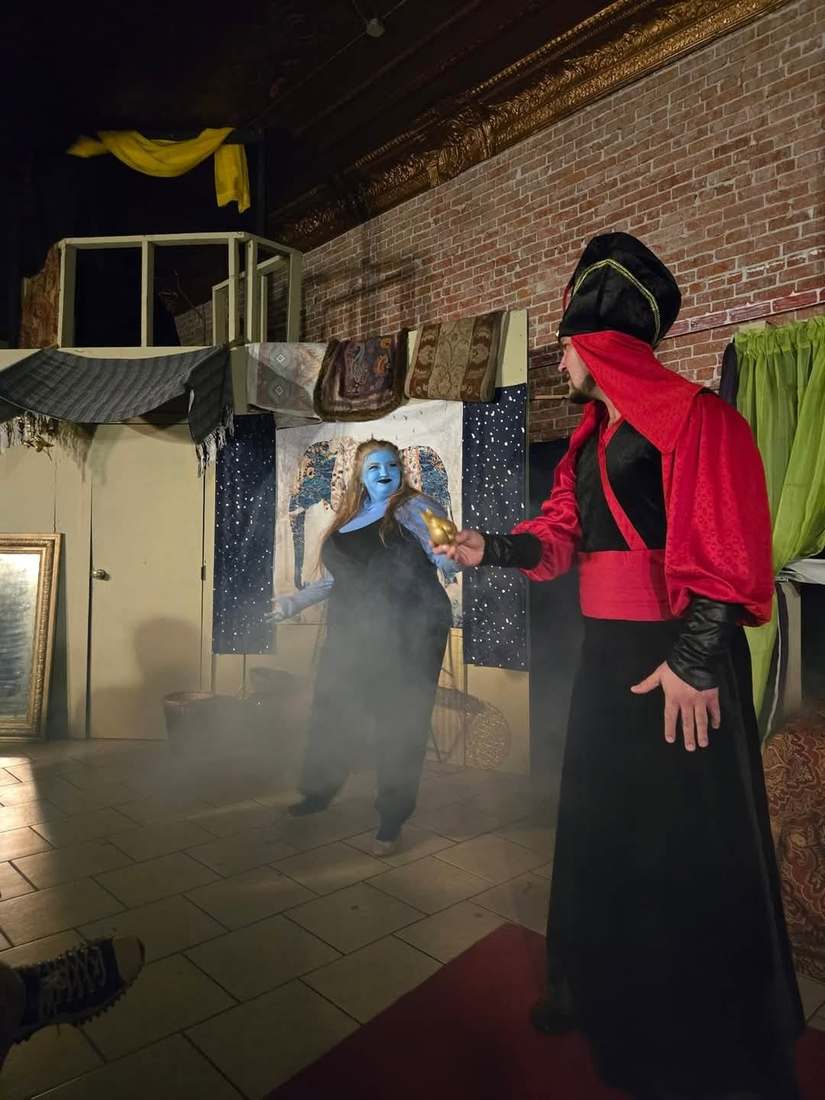 The Vizier holds out the lamp as the Djinn emerges through the haze in Twisted