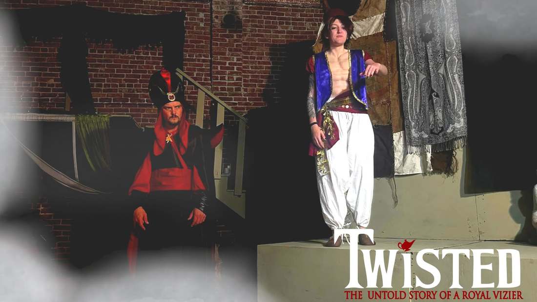 Twisted promo photo — the Vizier seated in shadow as the prince stands above him