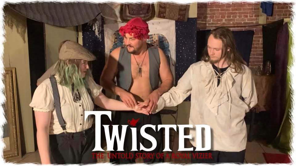 Twisted promo photo — three performers join hands in the marketplace